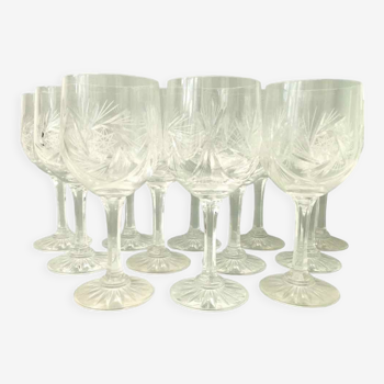 Set of 12 carved crystal wine glasses
