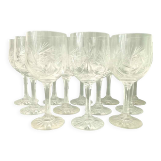 Set of 12 carved crystal wine glasses
