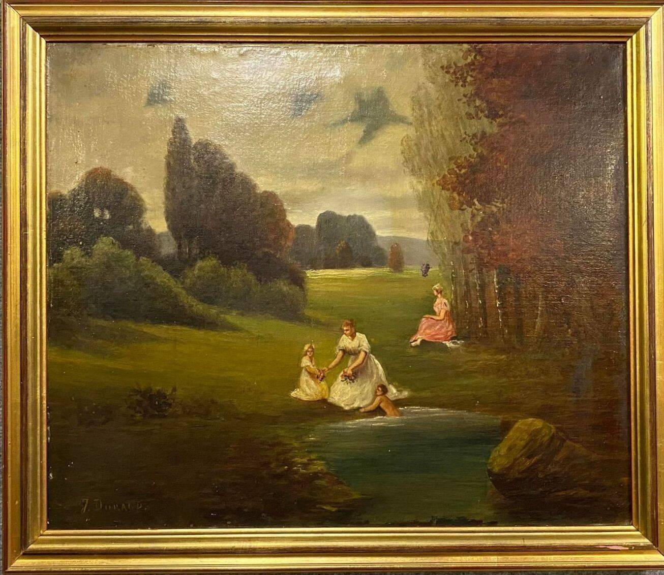 École Française vers 1880 : paysage lacustre animé signé J Durand