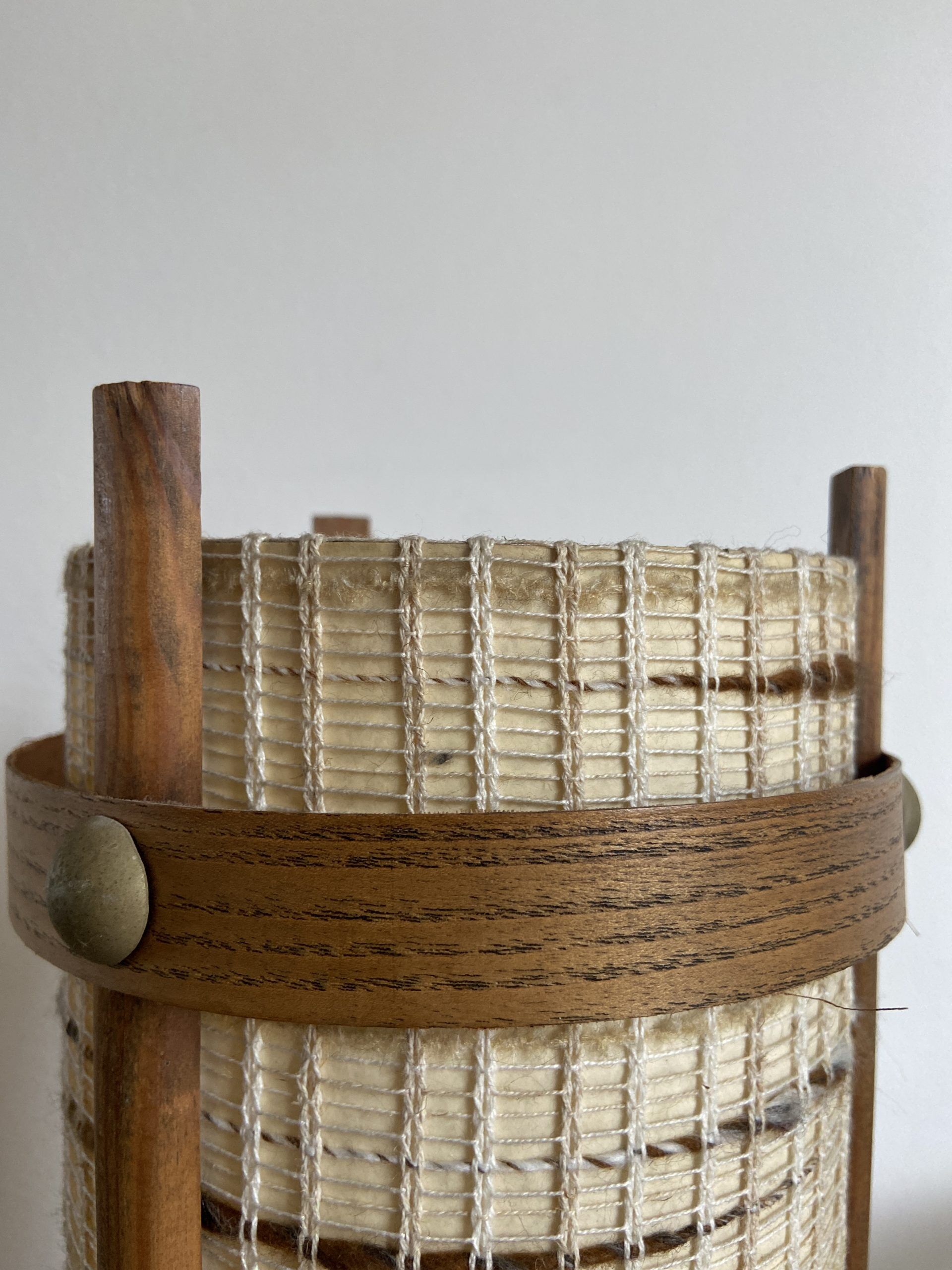 Vintage handcrafted lamp in woven wool and wood veneer