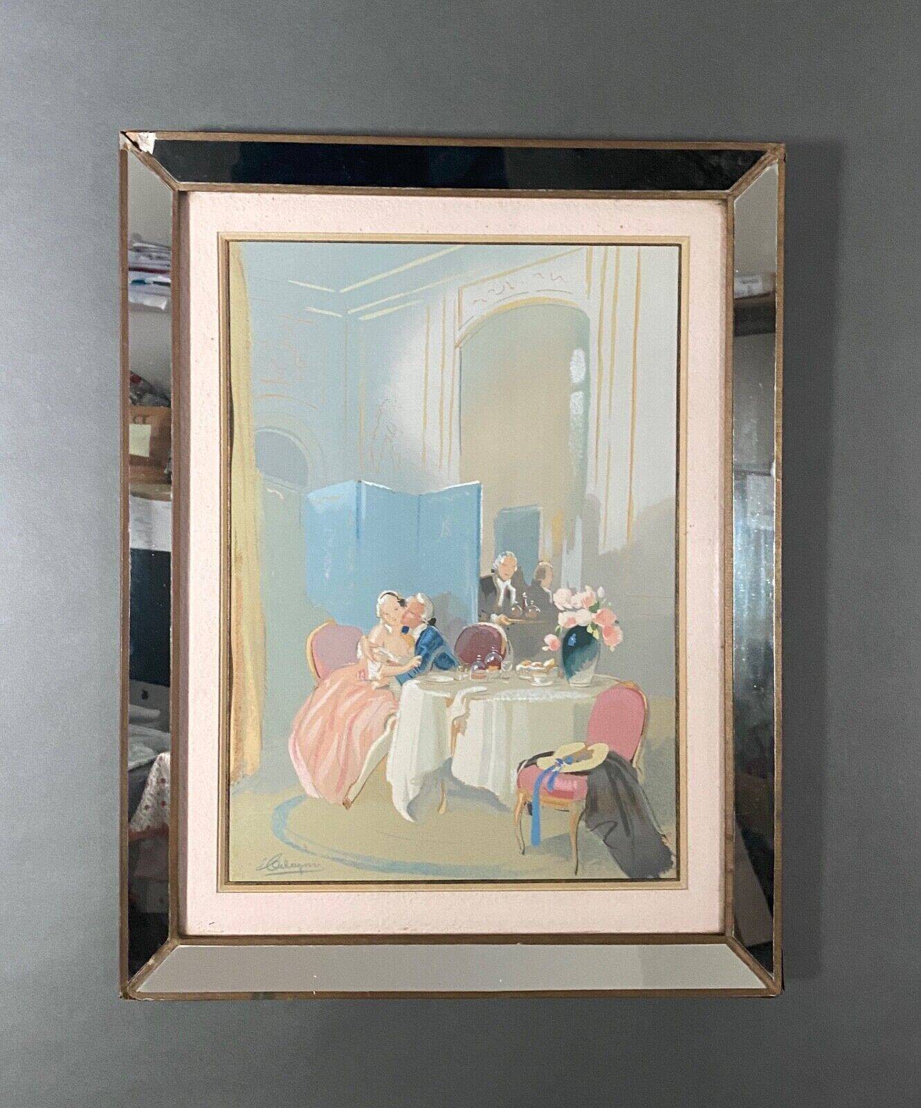 Watercolor on paper in the style of Guiraud de Scévola interior scene