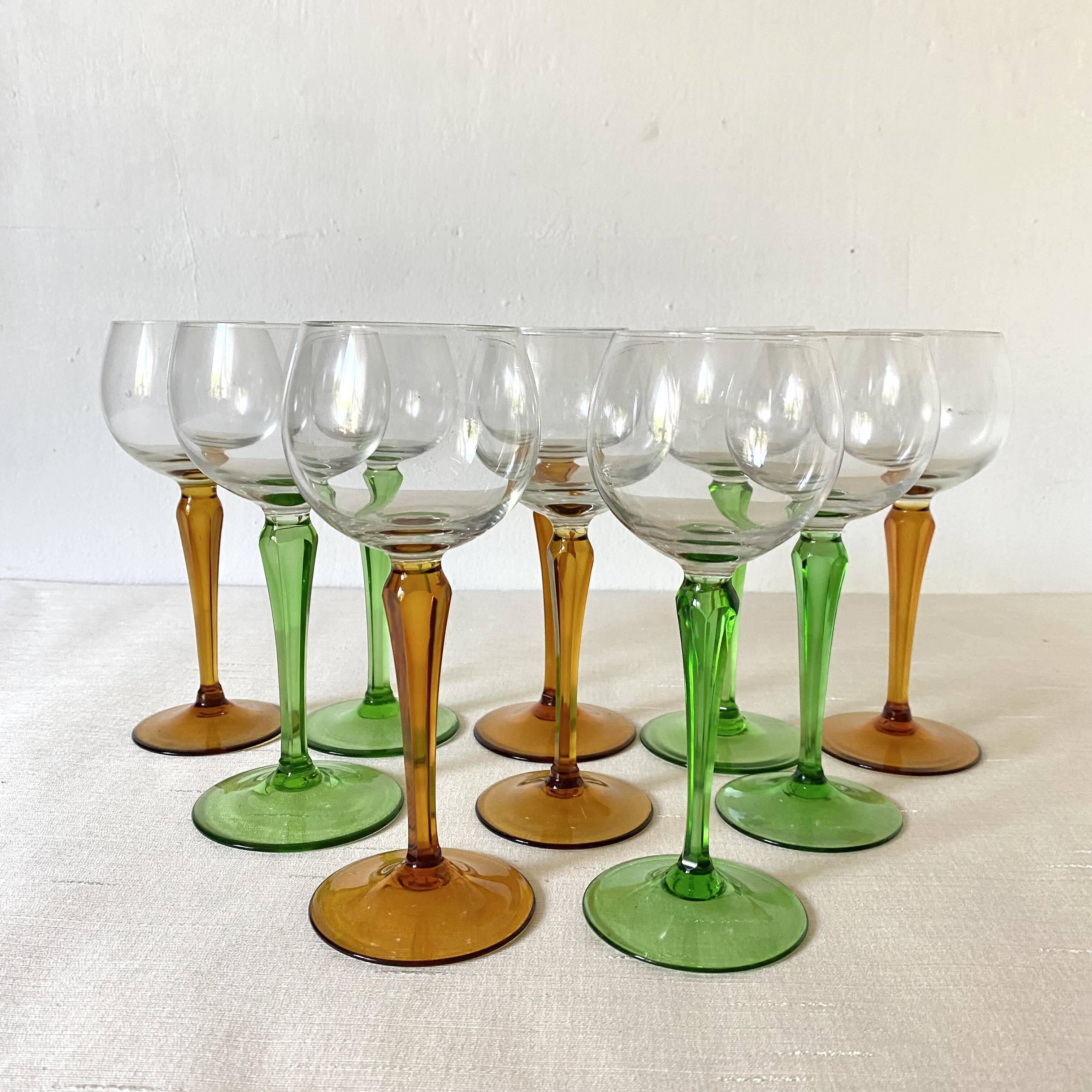 Vintage stemmed glasses, green or amber stem
