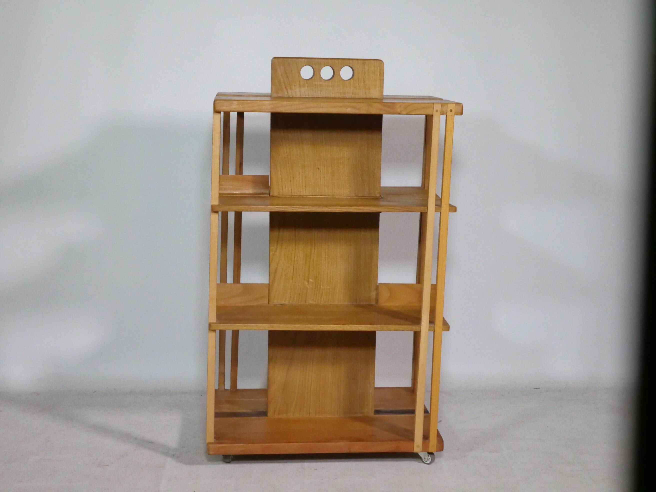 Solid cherry wood rolling shelf, unique piece, 1970s