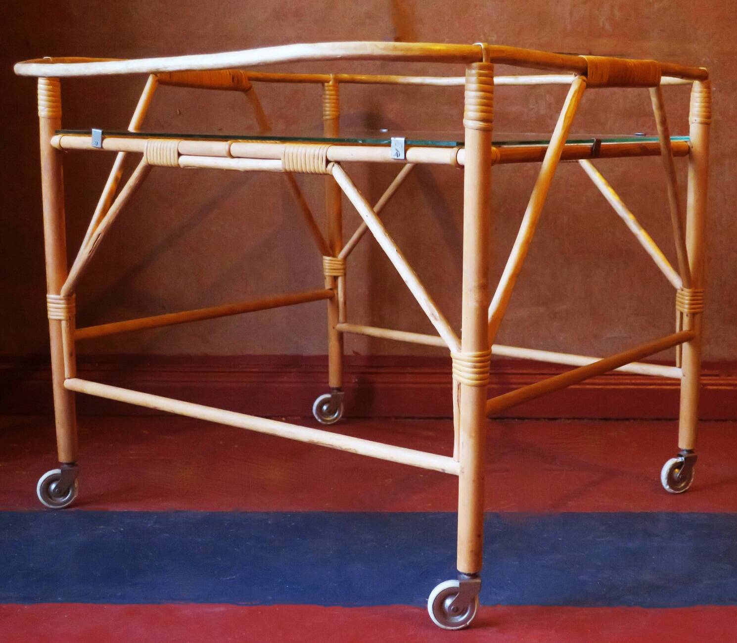 Bamboo and frosted glass fine serving trolley, 1950s-60s