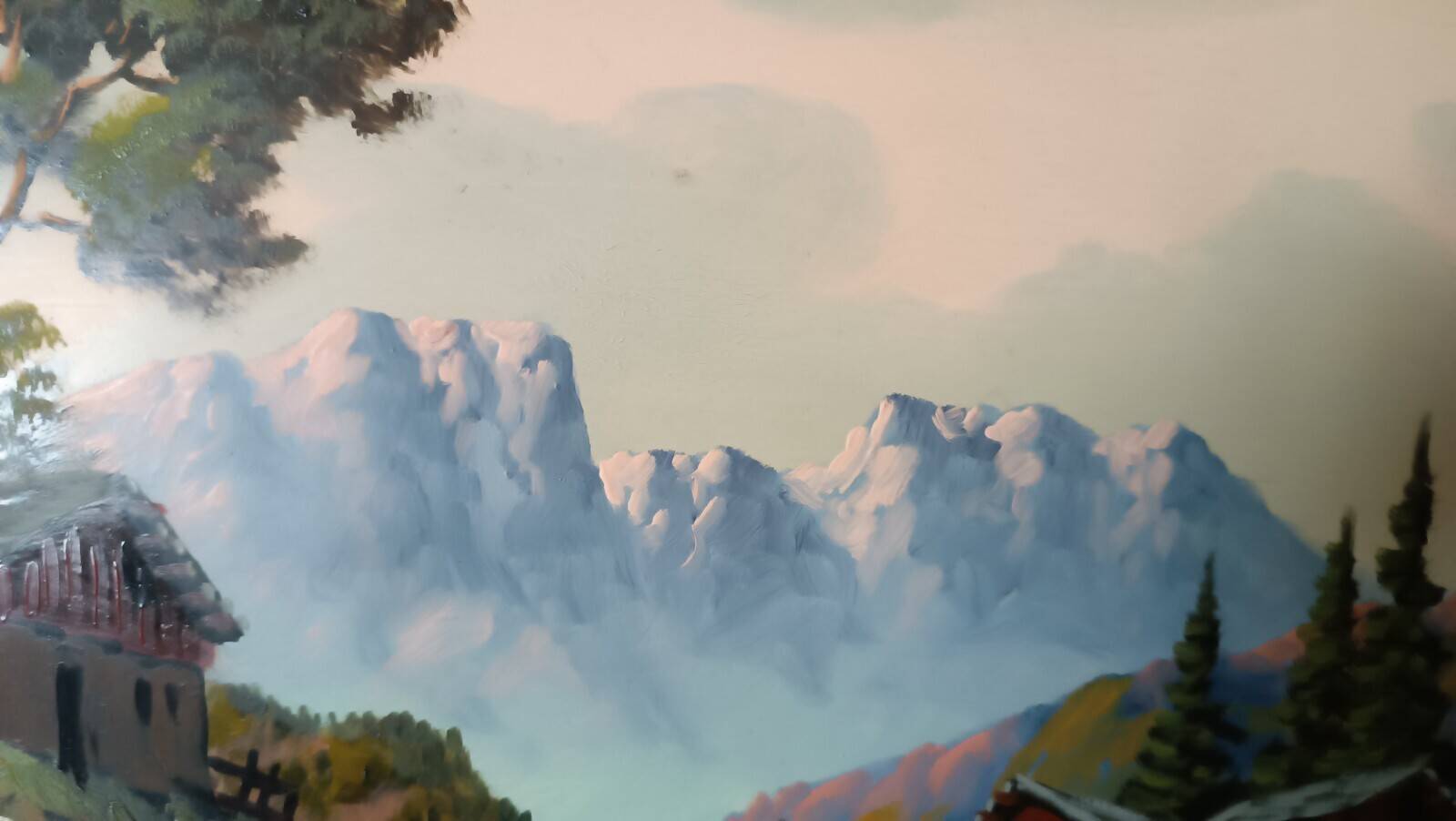 Oil painting on faesite from the 50s signed roos mountain landscape