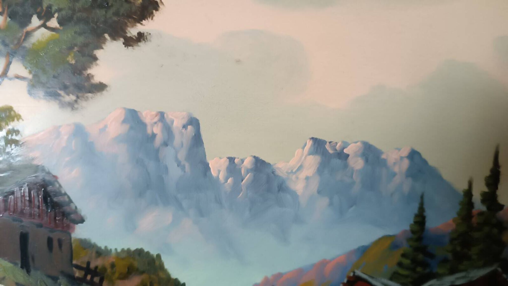 Oil painting on faesite from the 50s signed roos mountain landscape