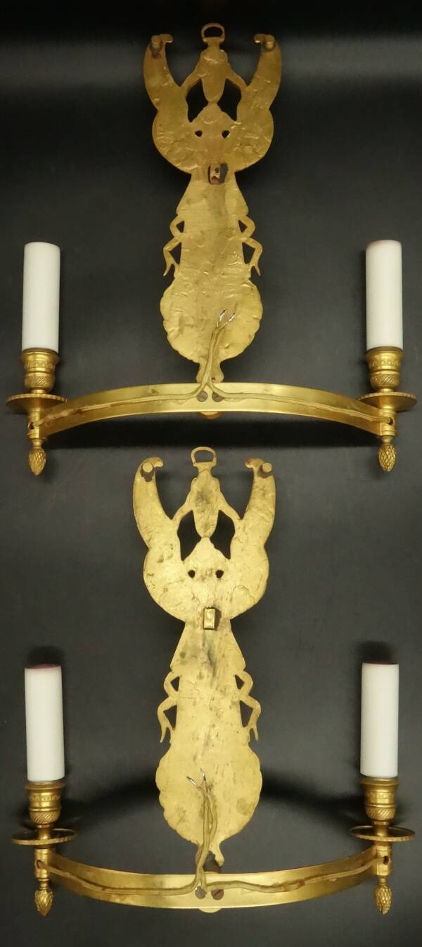 Large pair of Empire style winged caryatid sconces - gilded bronze