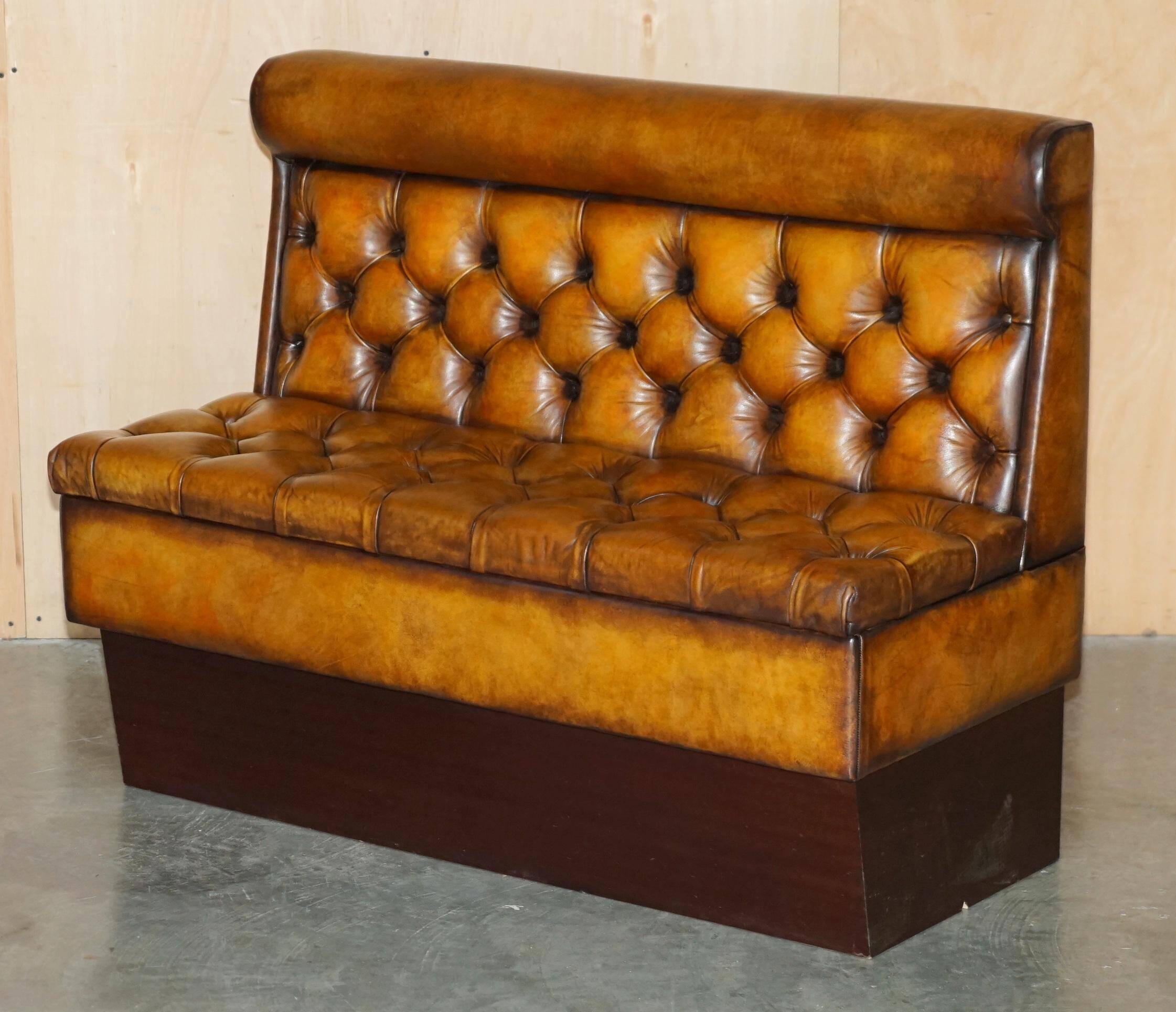 Pair of Victorian Chesterfield pub benches in leather.