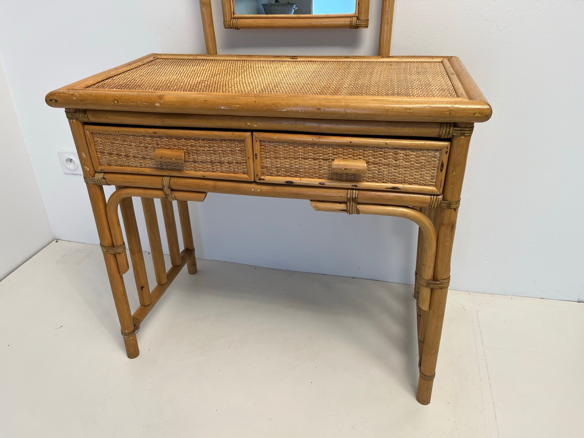 Bamboo and rattan dressing table, with mirror 50s-60s