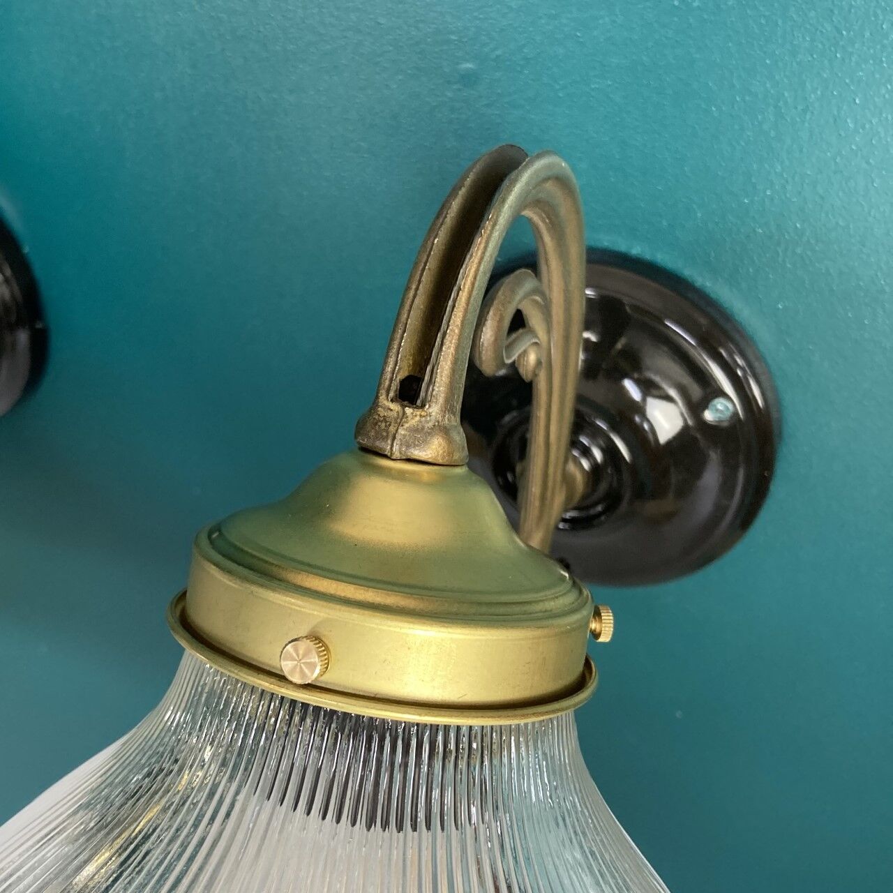 Pair brass wall lamps and holophane glass tulips porcelain rosette