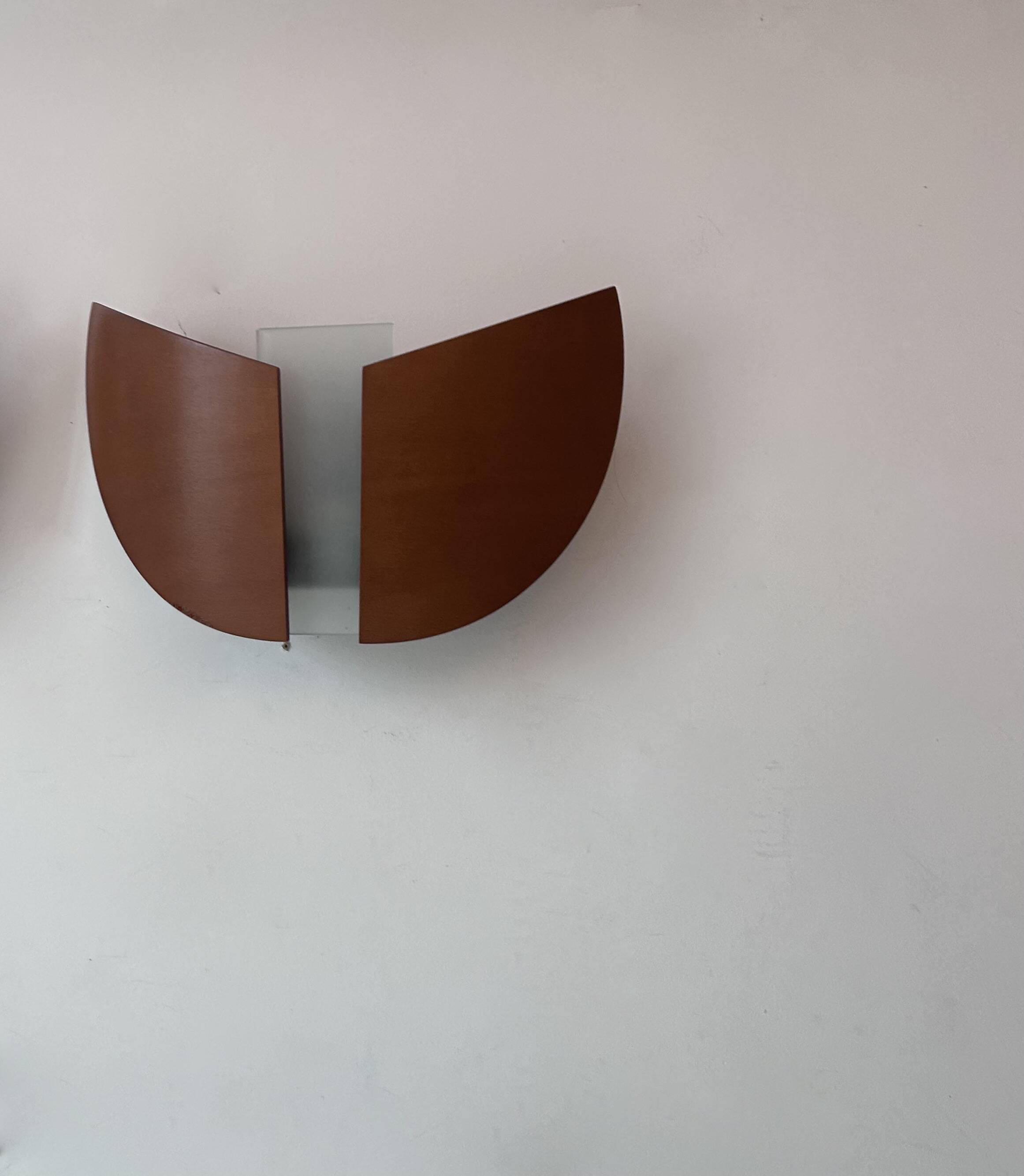 Pair of vintage thermoformed wood and sandblasted glass wall lights, France, 1980