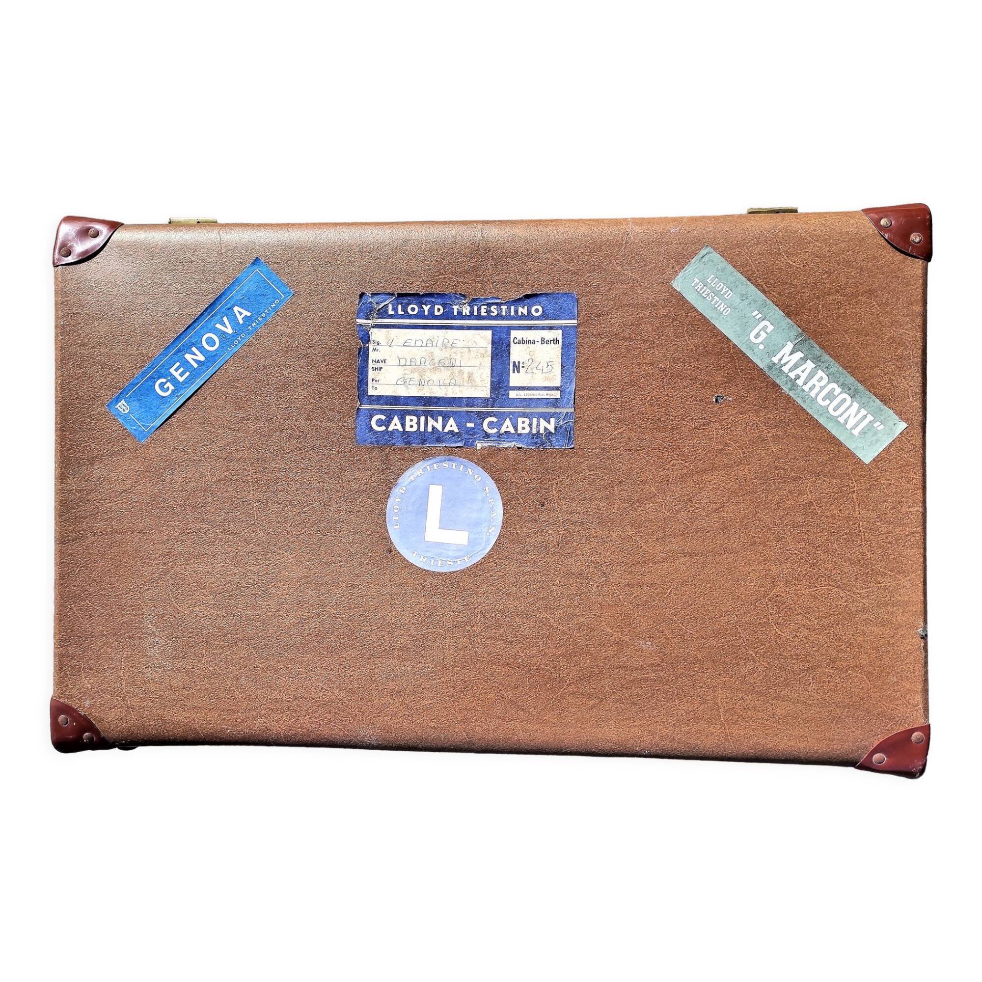 Brown vintage suitcase with CHENEY England brand travel tags