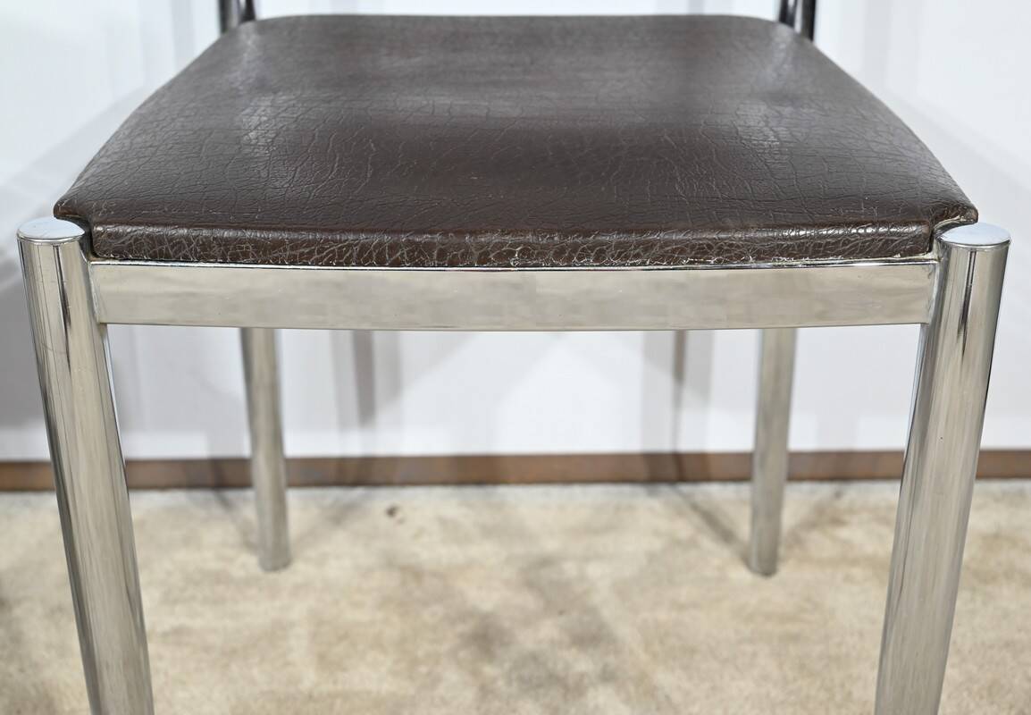 Suite of 3 Leather and Chrome Metal Chairs, attributed to Collomb Creation – 1970