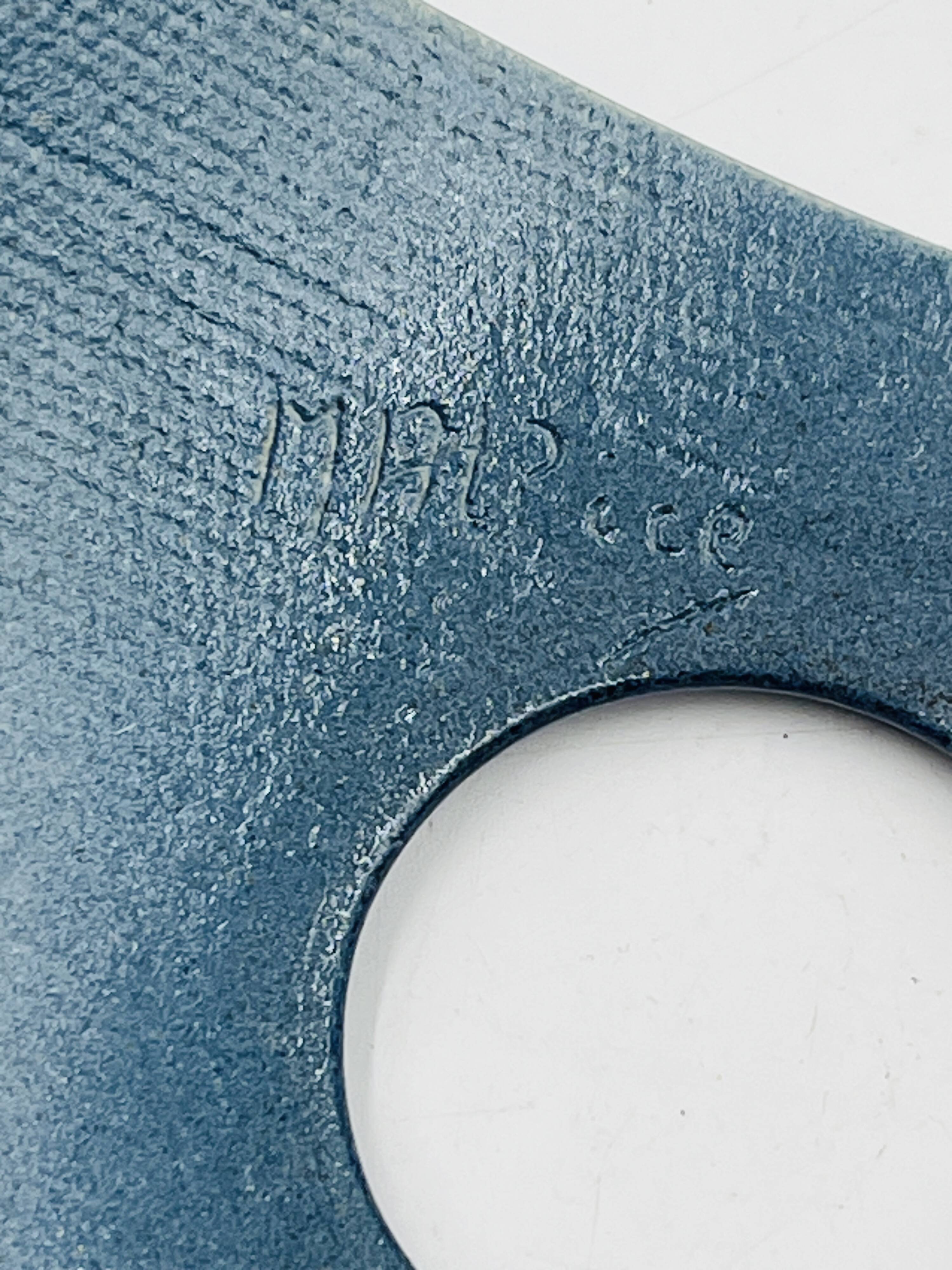 Set of 4 designer blue ceramic egg cups signed Malice.