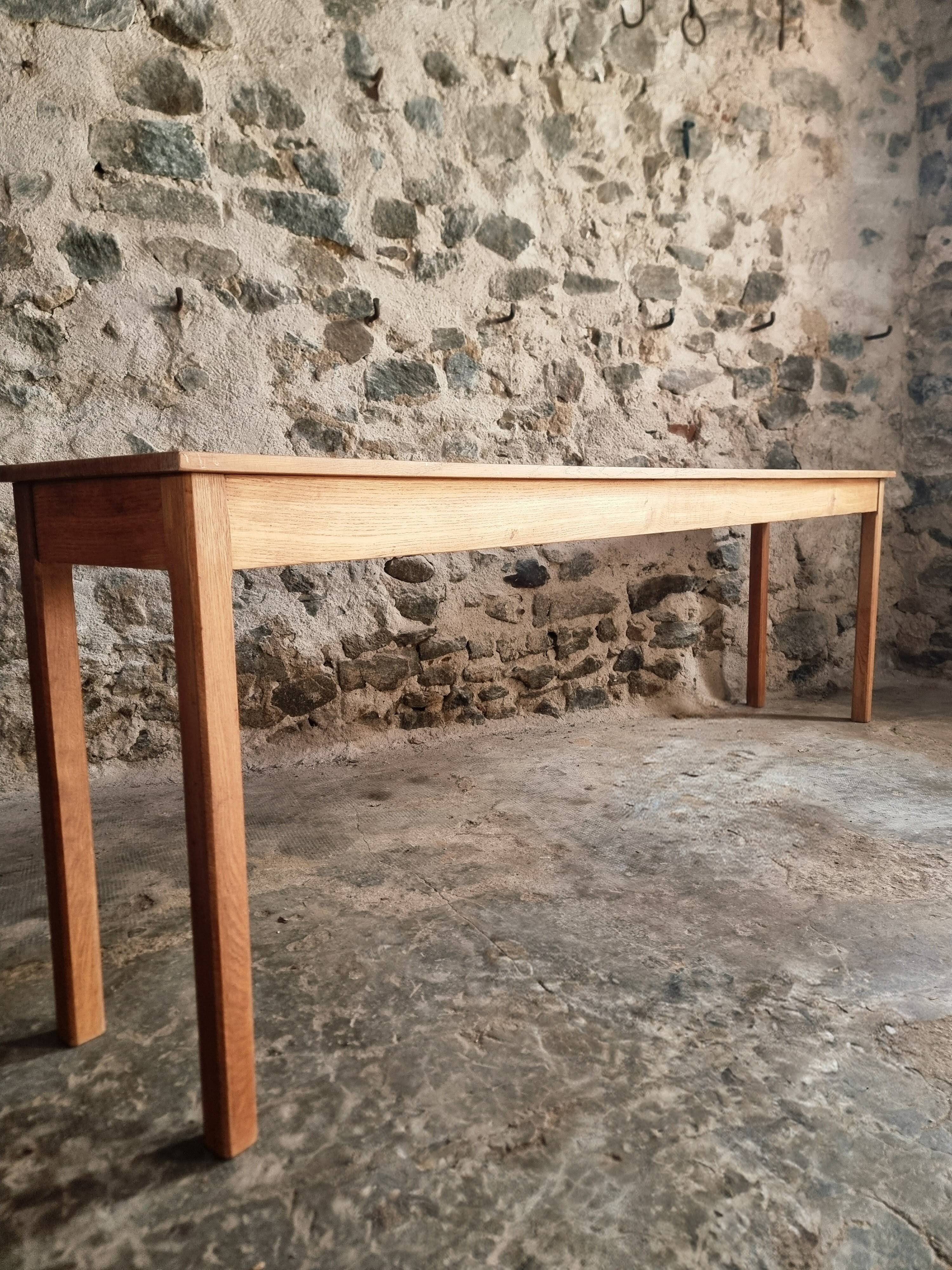 Old French oak console – Long and narrow farmhouse table 241 cm – Vichy hospital workshop from the 1950s