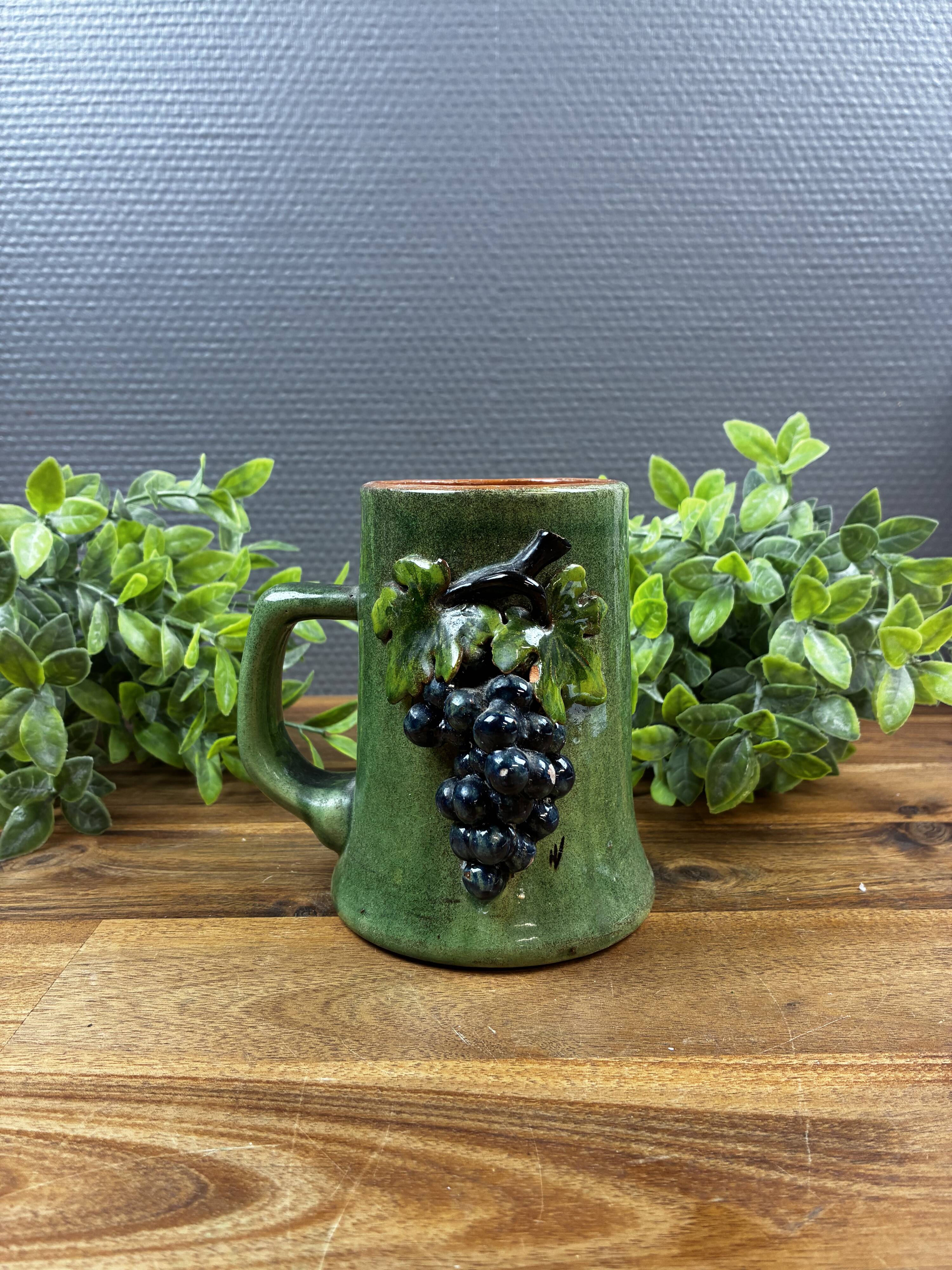 Old Green Glazed Ceramic Goblet with Grape Cluster Decoration