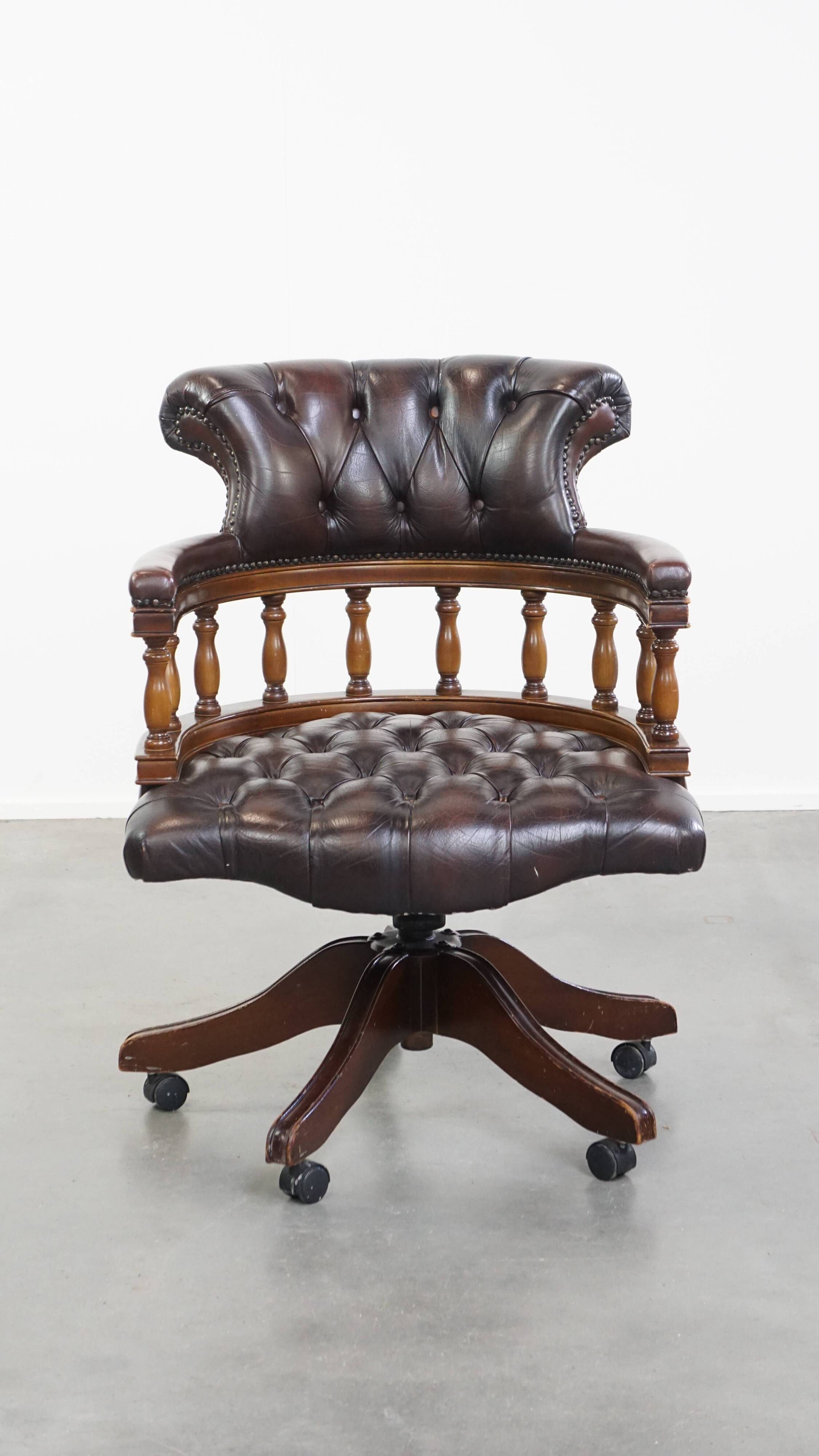 Chesterfield Office Chair on Wheels in Dark Brown Cowhide Leather