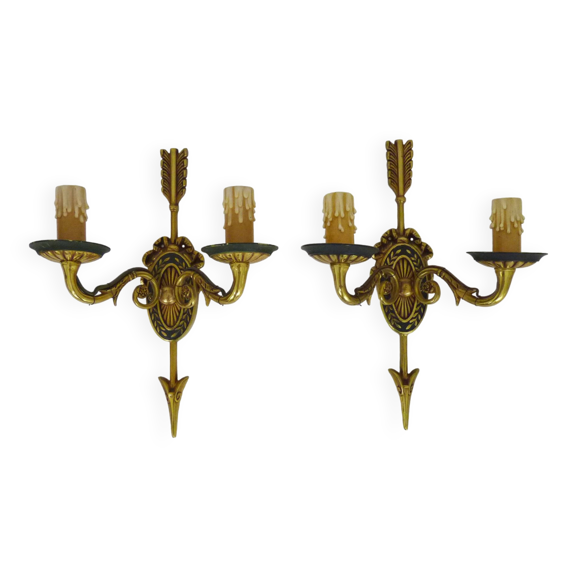 Pair of double-light Empire style arrow wall lights in bronze. Early 20th century