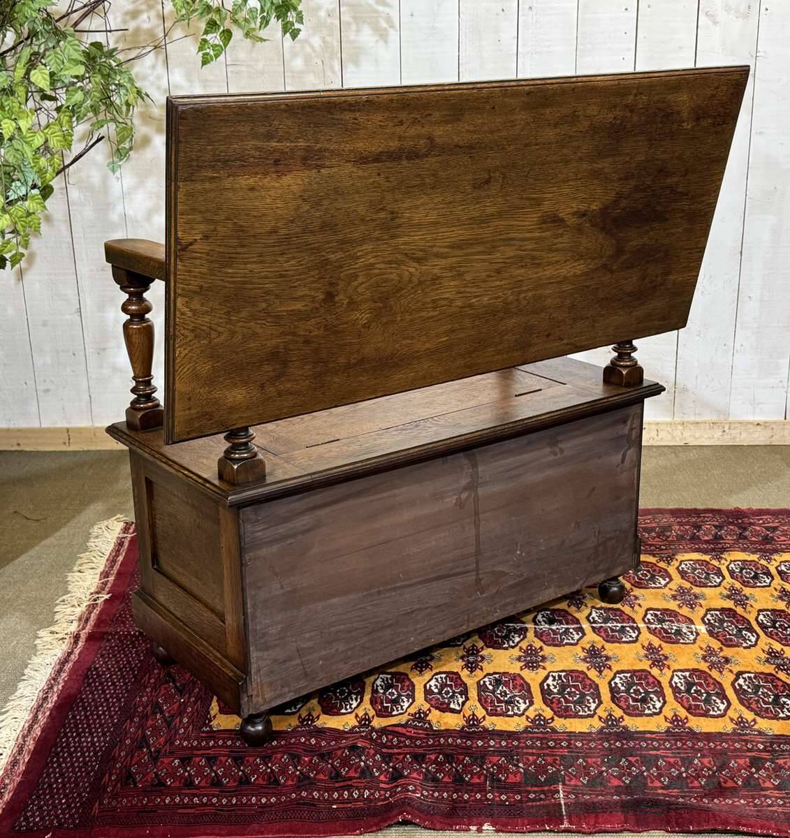 English oak bank safe from the 1930s that can serve as a console.