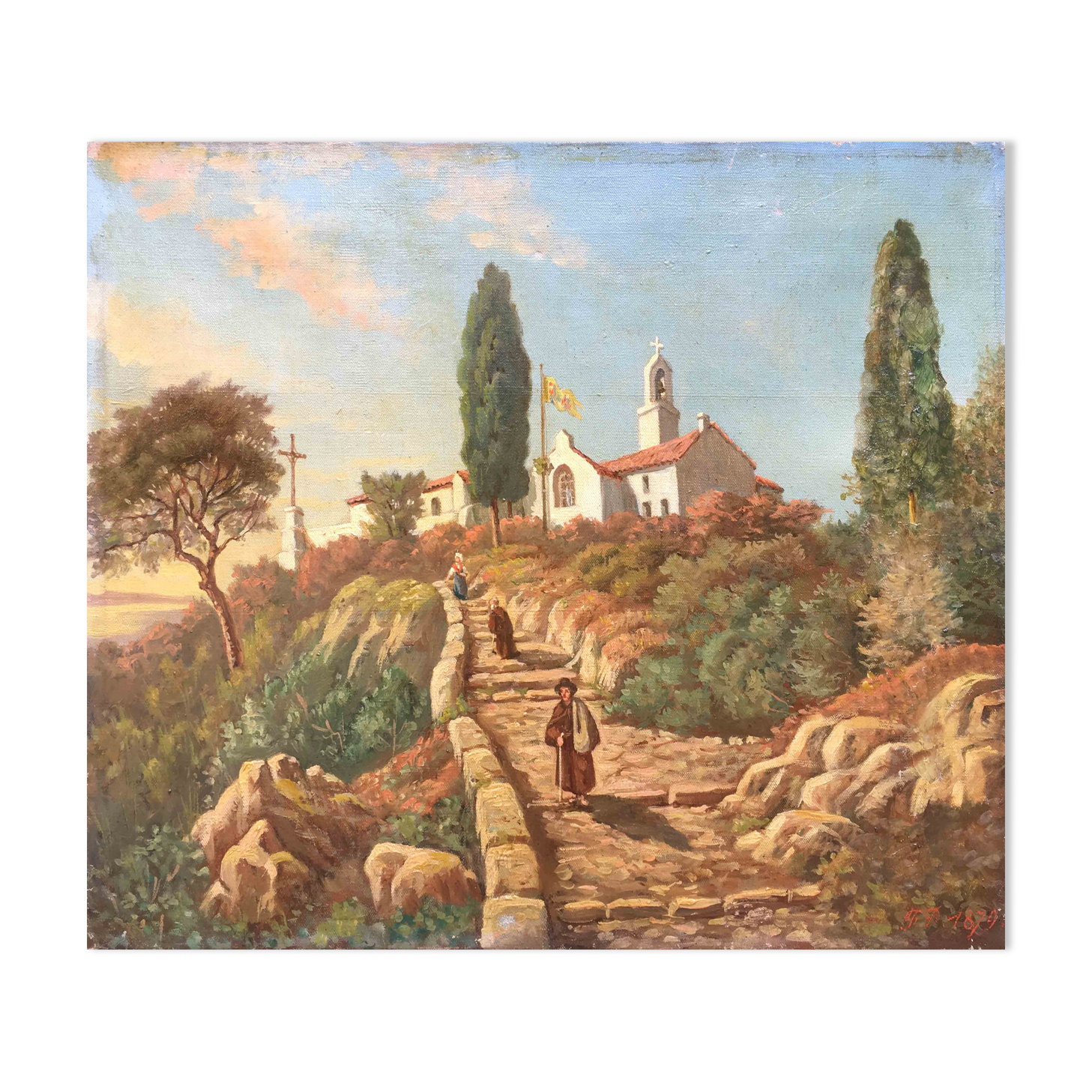 Painting Animated Mediterranean landscape at the monastery 1879 signed F.D.
