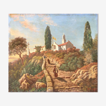 Painting Animated Mediterranean landscape at the monastery 1879 signed F.D.
