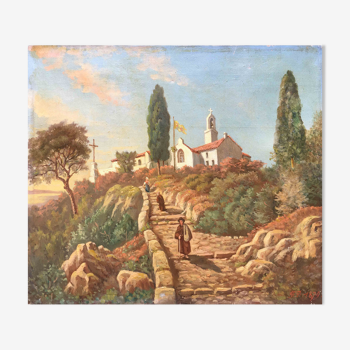 Tableau Paysage méditerranéen animé au monastère 1879 signé F.D.