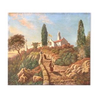 Tableau Paysage méditerranéen animé au monastère 1879 signé F.D.