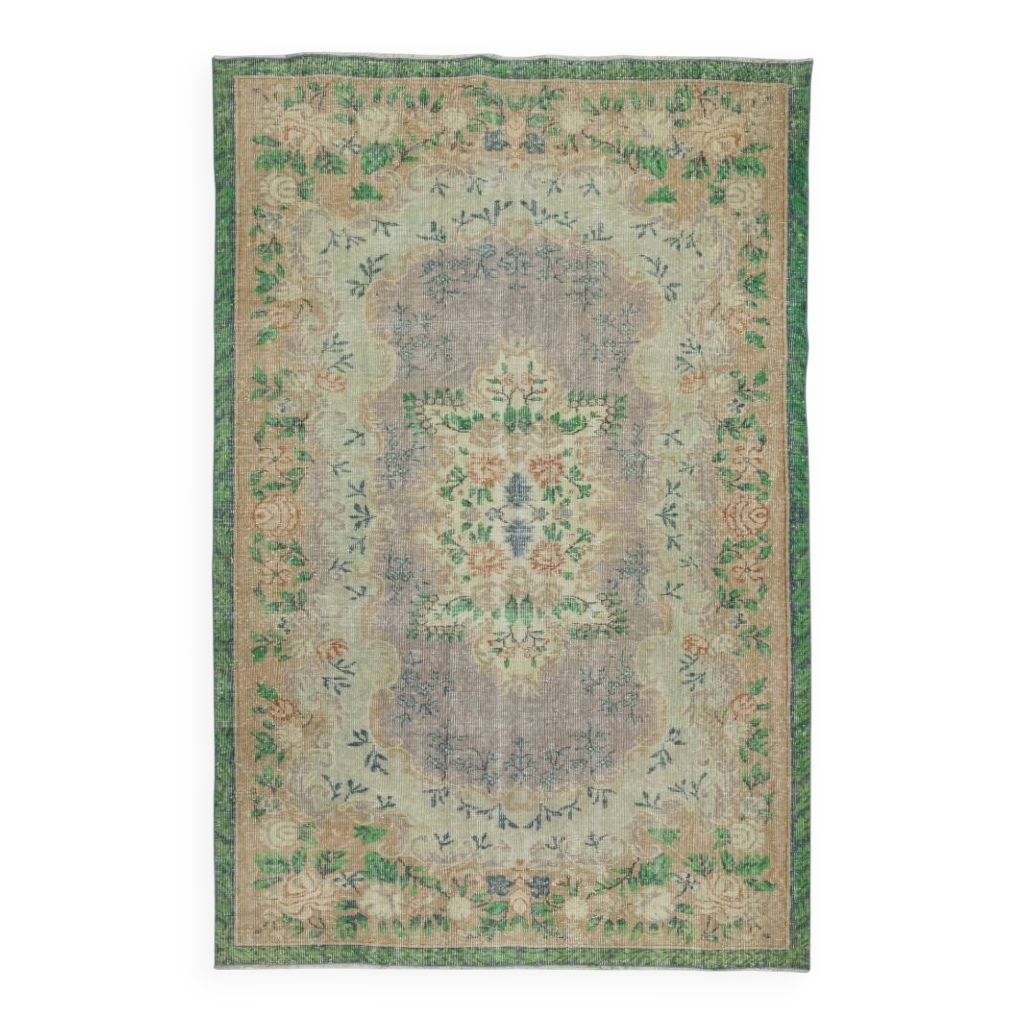 Vintage Turkish Rug in Shades of Green. Hand knotted Floral Medallion Design Carpet
