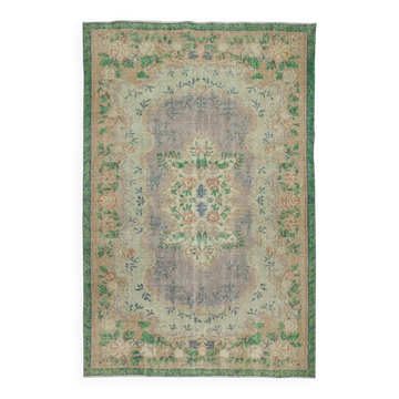 Vintage Turkish Rug in Shades of Green. Hand knotted Floral Medallion Design Carpet