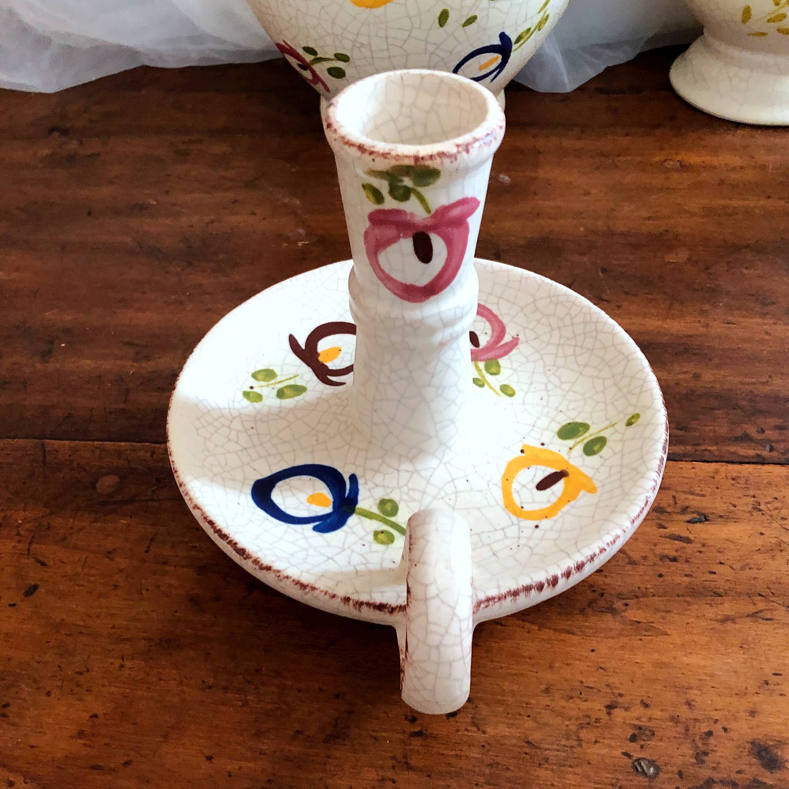 Carafe, gargoulette and candlestick artisanal pottery by Angèle de Poët-Laval