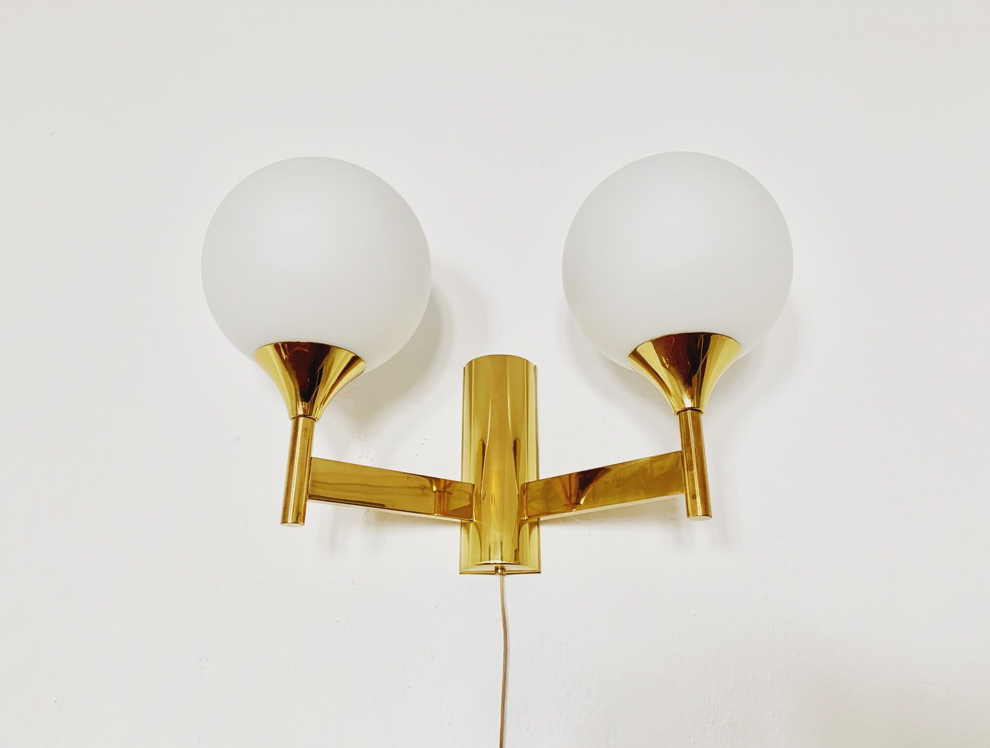 Set of 2 brass and opaline glass Sputnik wall lamps by Kaiser Leuchten