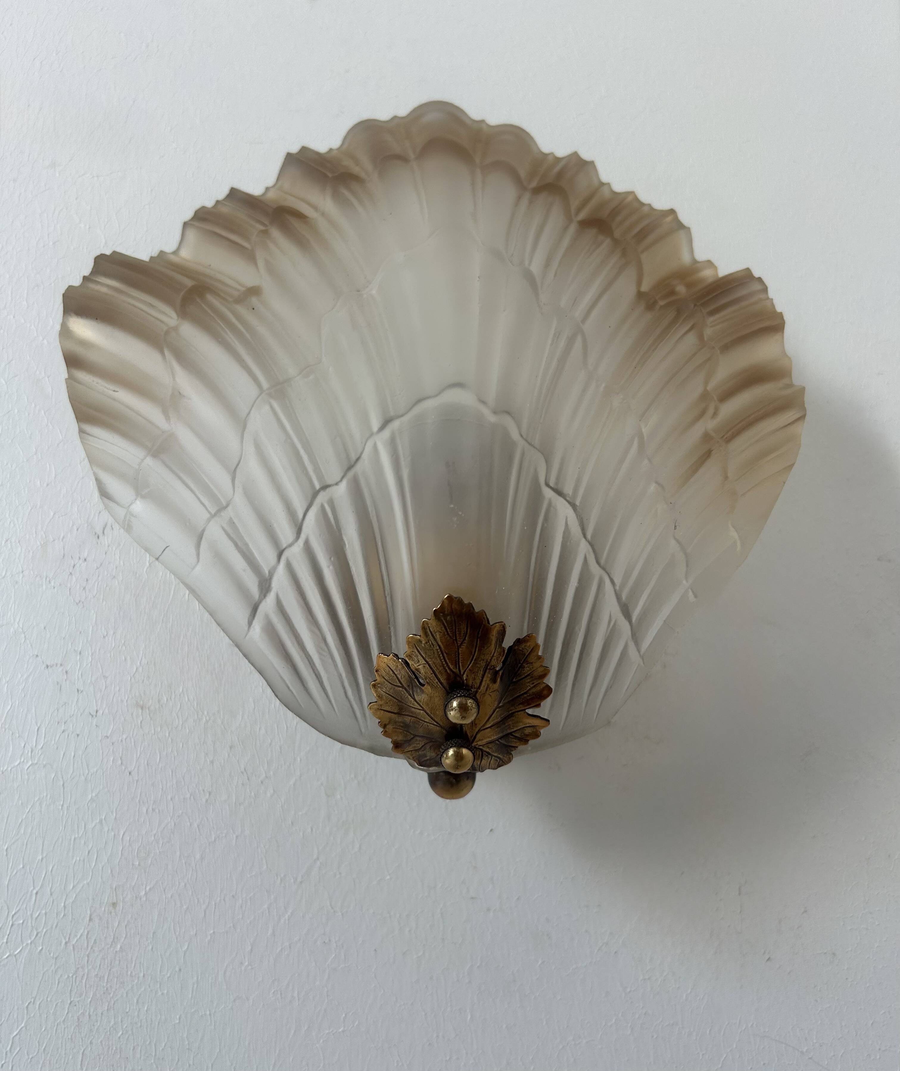 Pair of shell wall lights, glass and brass, France 1960