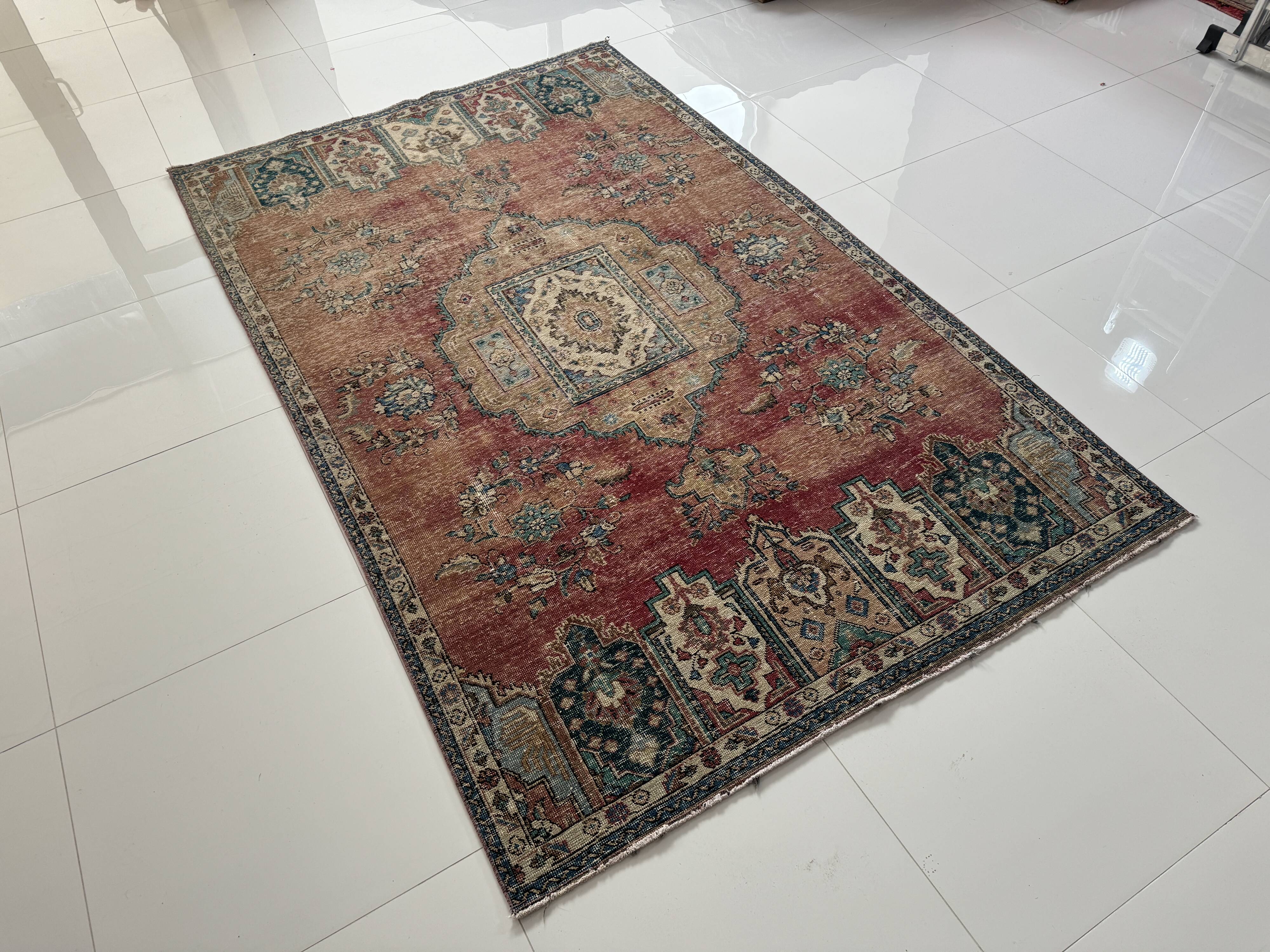 Tapis Oriental en laine nouée à la main, tons rouges et bleus, motif médaillon Vintage, à poils bas, 160x254 Cm