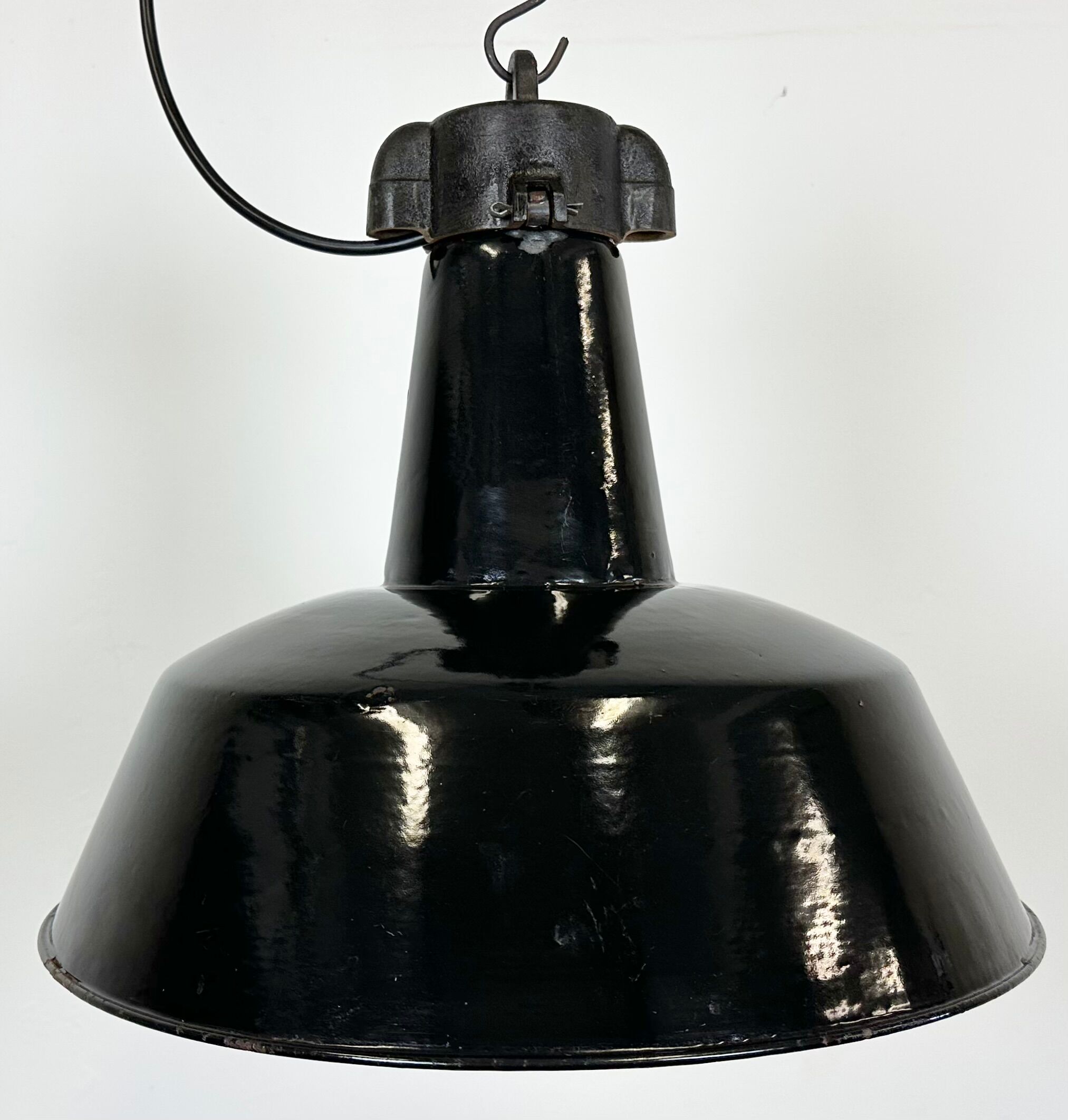 Industrial Black Enamel Factory Lamp with Cast Iron Top, 1950s