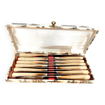 Set of 12 radium table knives in horn
