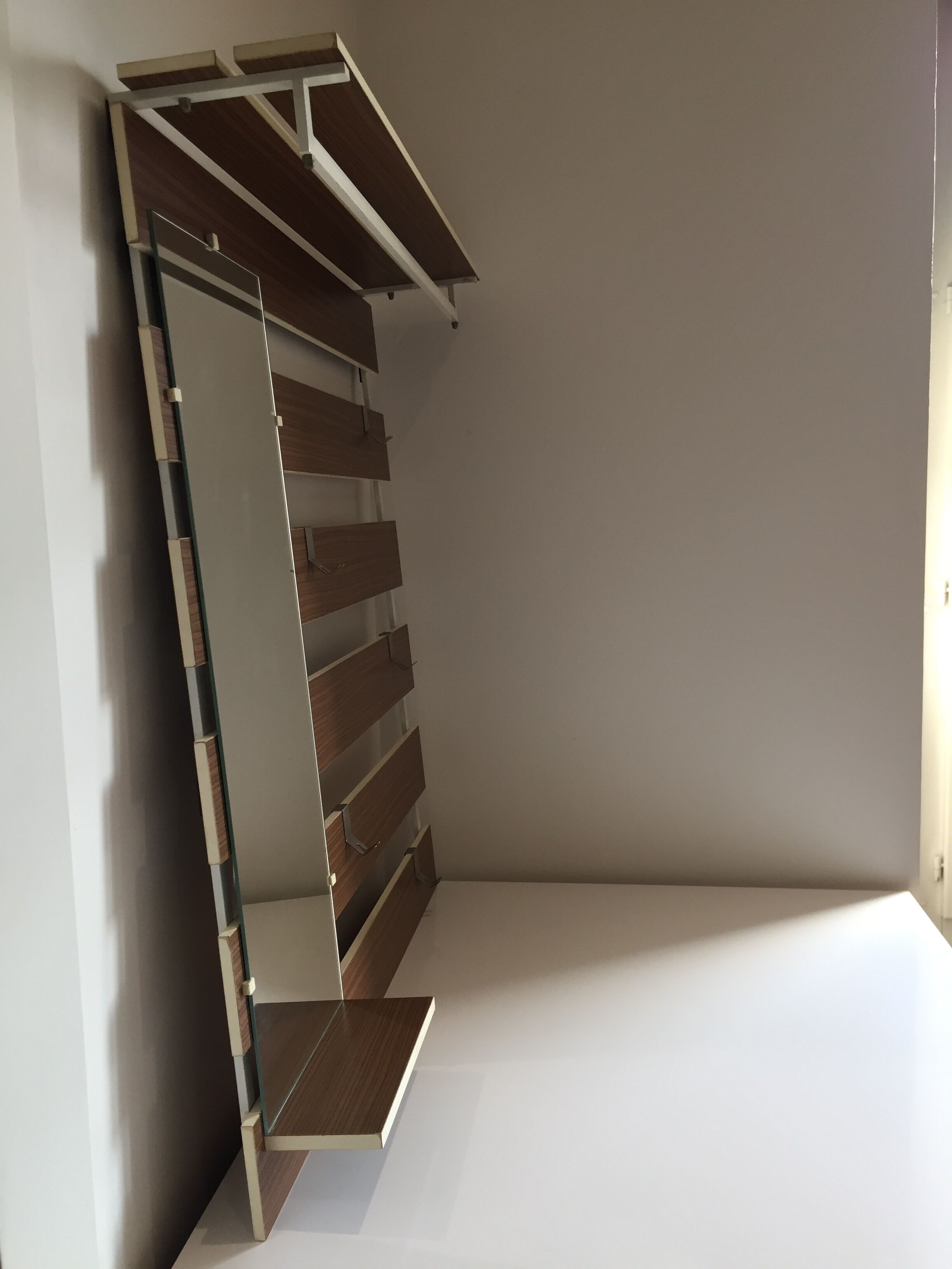 Slatted wall coat rack with mirror, modernist design, 1960s