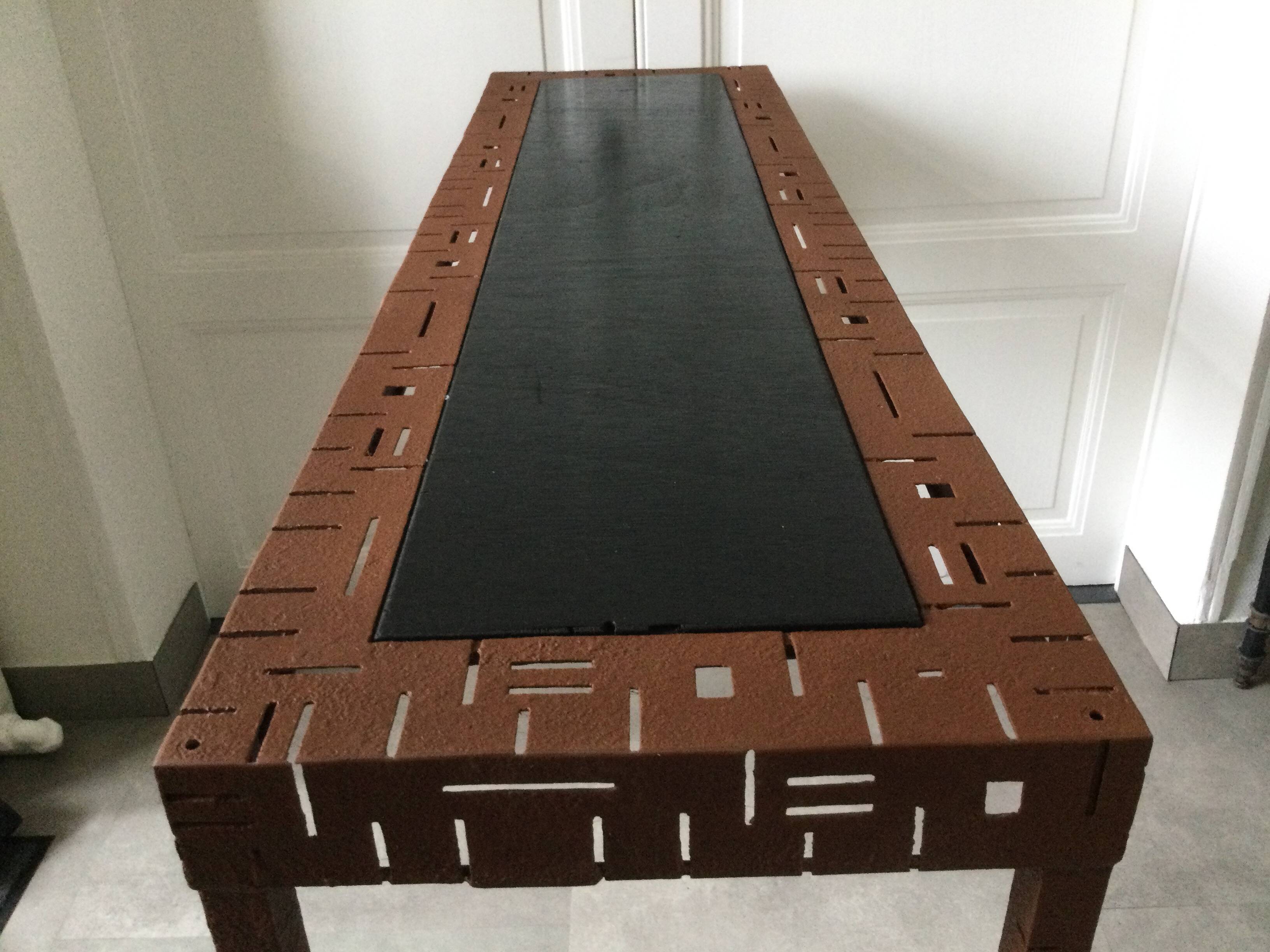 Perforated sheet metal and wood console