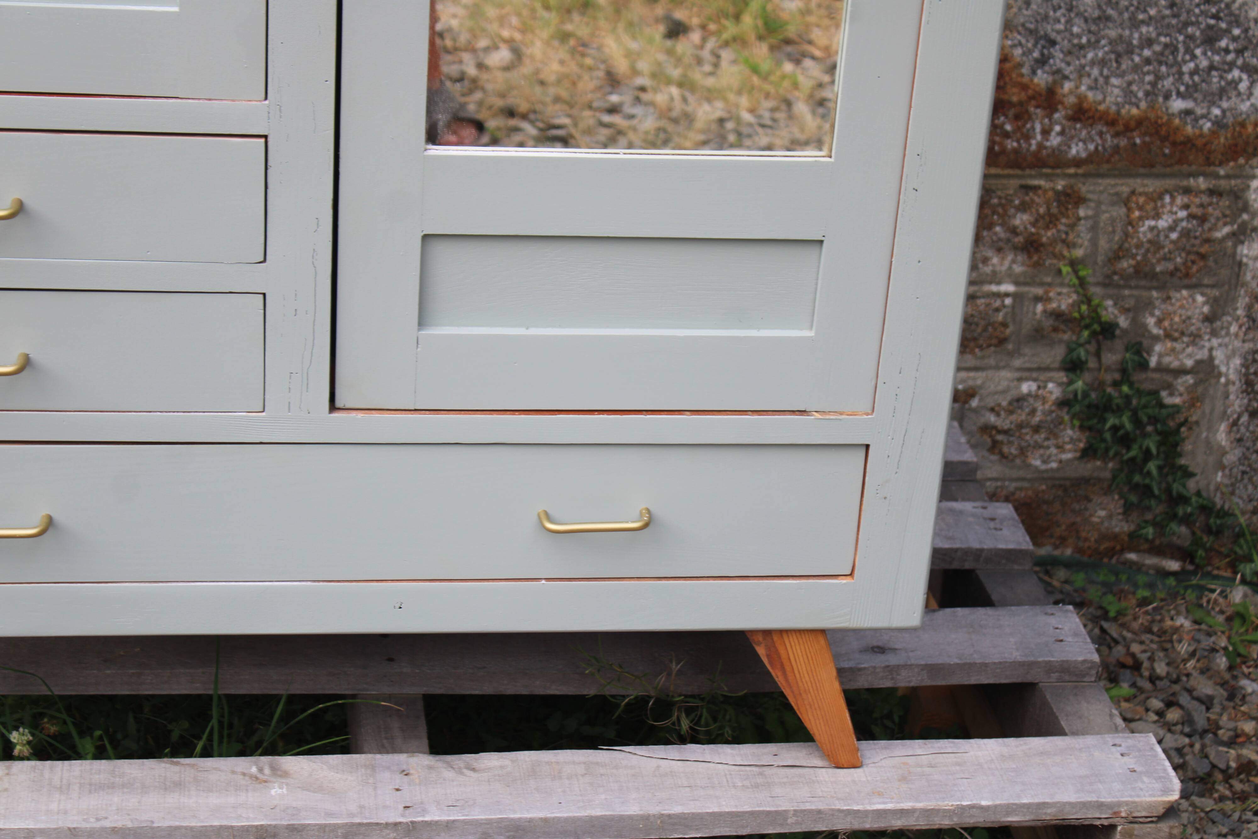 Vintage Parisian wardrobe in sage green – Mirror, hanging space and drawers