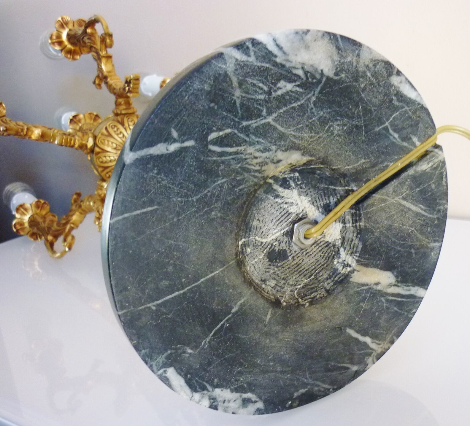 Candelabra, 6-pointed candlestick, marble, bronze, putti decoration, putto