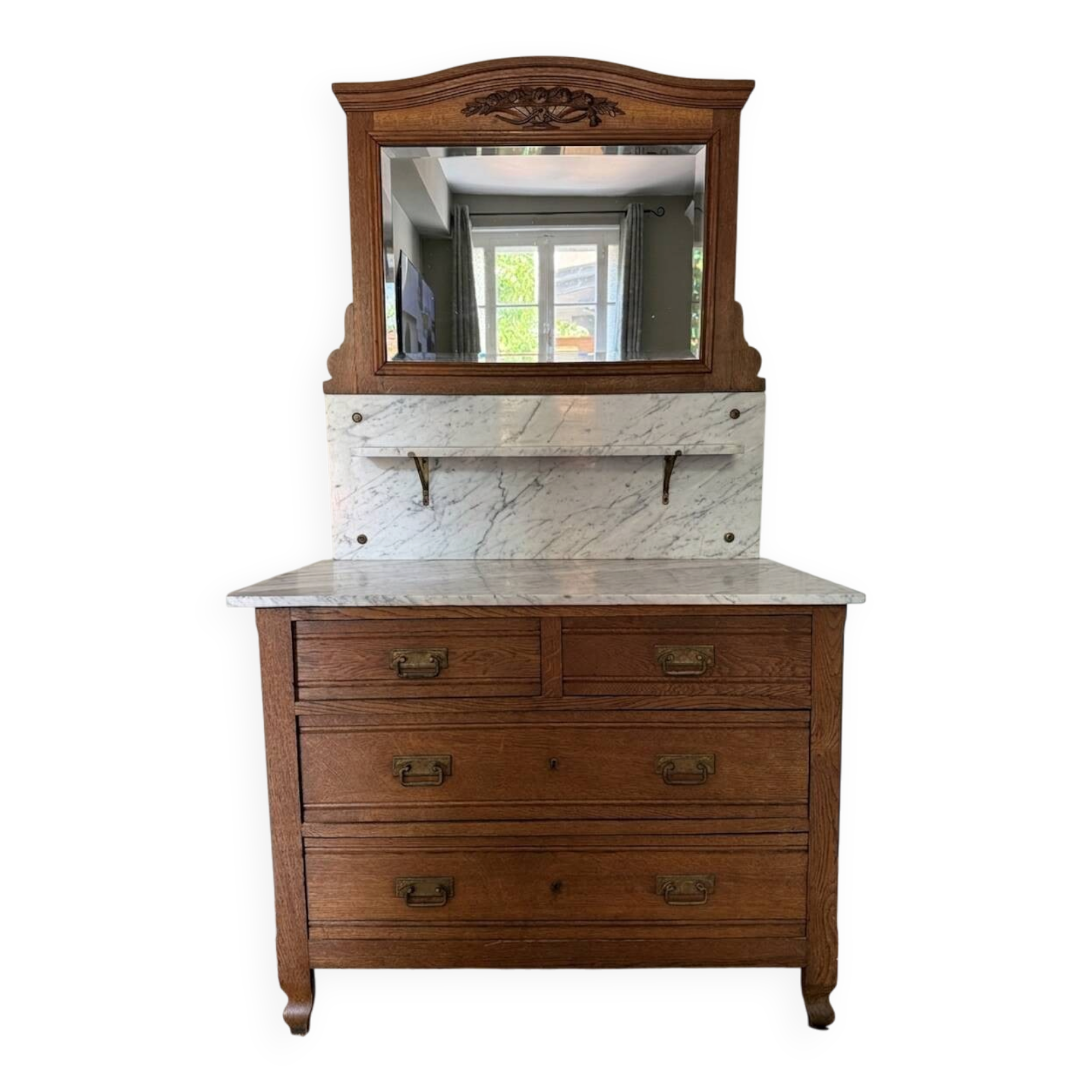 Commode de toilette ancienne, marbre blanc et miroir biseauté