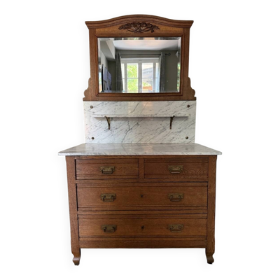 Commode de toilette ancienne, marbre blanc et miroir biseauté
