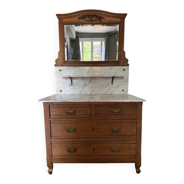 Commode de toilette ancienne, marbre blanc et miroir biseauté
