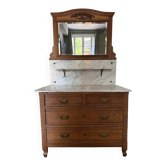 Commode de toilette ancienne, marbre blanc et miroir biseauté