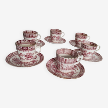 Service of 6 coffee cups in English porcelain, red and gold
