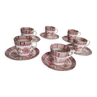 Service of 6 coffee cups in English porcelain, red and gold