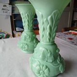 Set of 2 light green opaline glass vases SAINT LOUIS