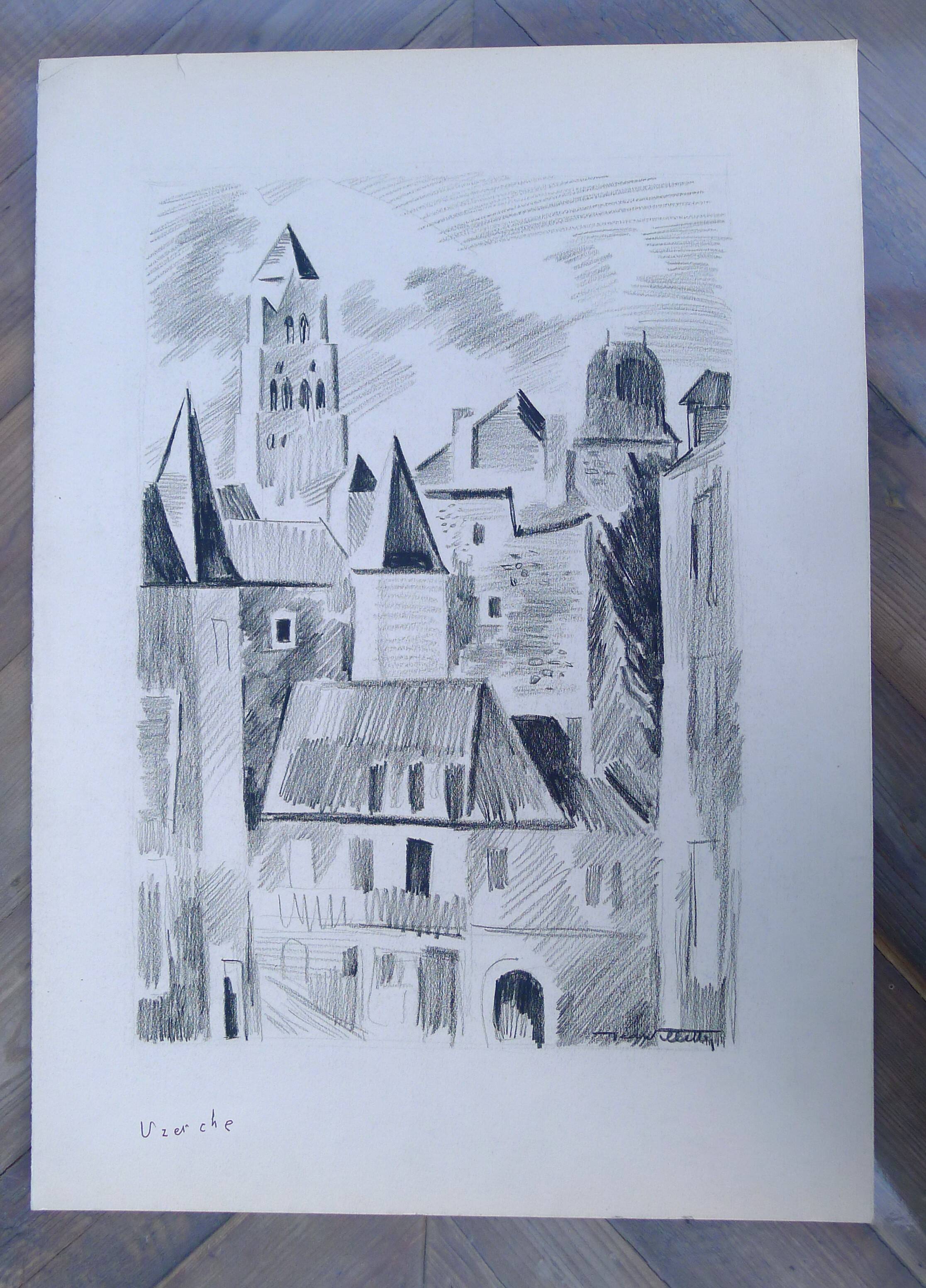 Uzerche, original black chalk drawing by Jean Villette (1913-2005)
