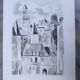 Uzerche, original black chalk drawing by Jean Villette (1913-2005)
