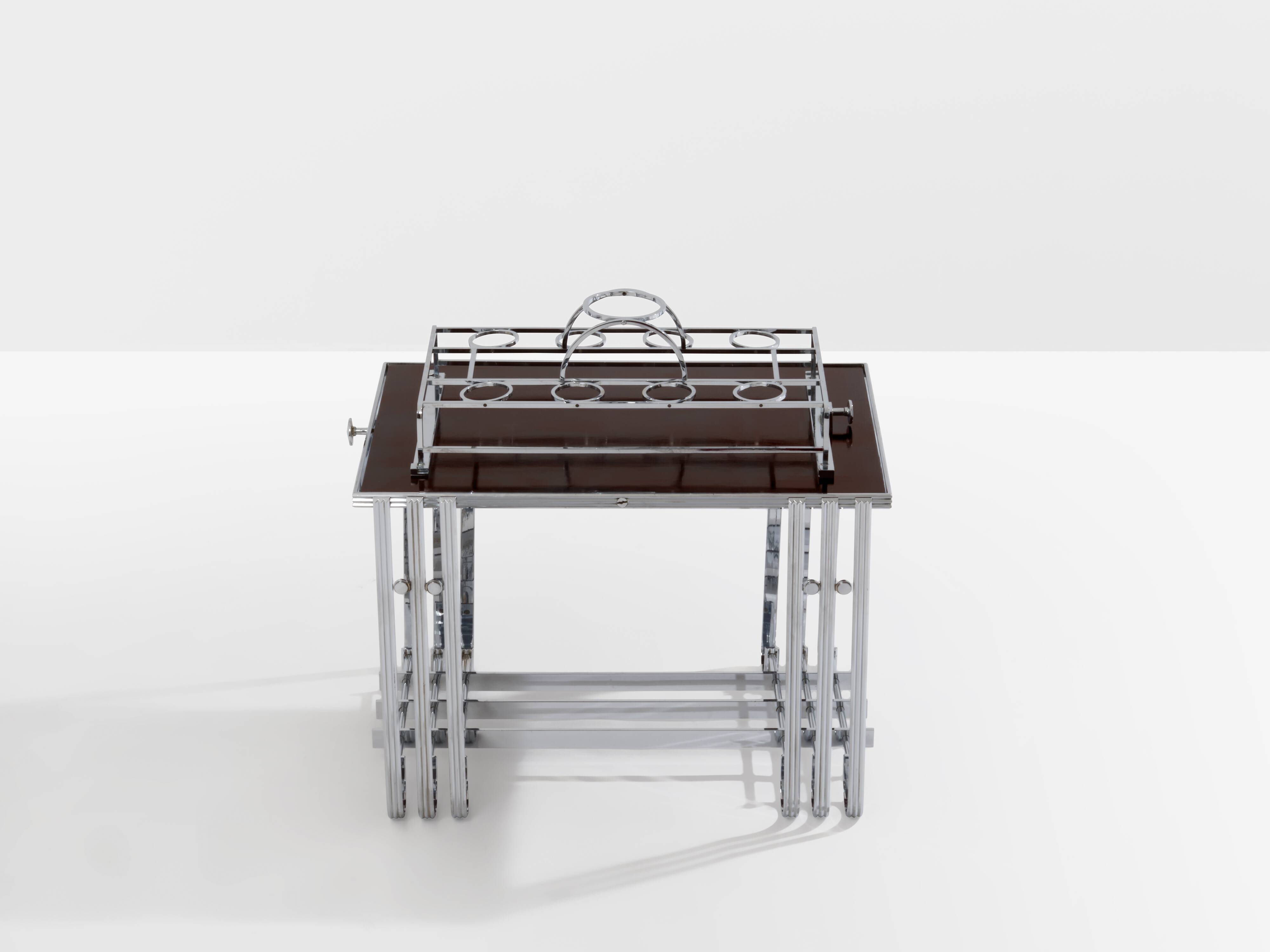Modernist Art Deco walnut and nickel-plated metal bar table circa 1930