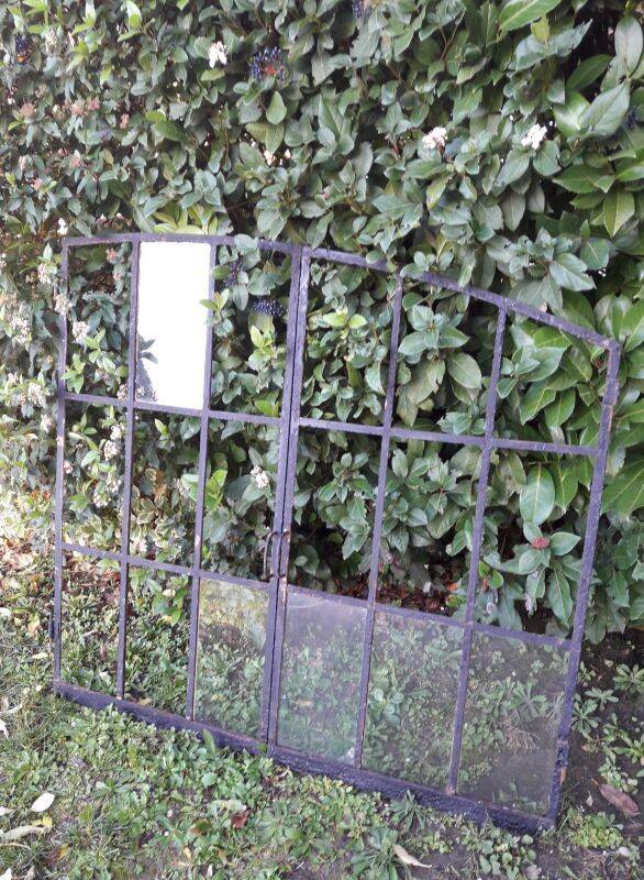 Industrial arched metal window L128xH114 19th century glass roof 2 leaves